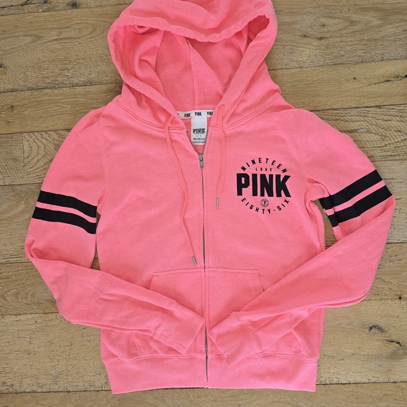 PINK Victoria's Secret Tops - Pink Victoria's Secret Zip-Up Hoodie Black graphics Excellent Condition